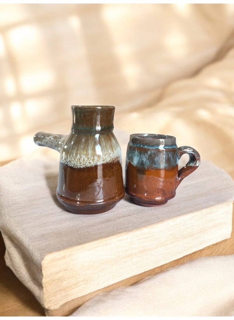 كلور زون بوتري طقم كنكه و فنجان بشكل مميز ، آمن للاستخدام في الميكروويف، مصنوع يدويًا من الفخار  mv-435 - Image 1